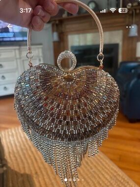 Crystal Heart Fringe Evening Bag - Gold Tone